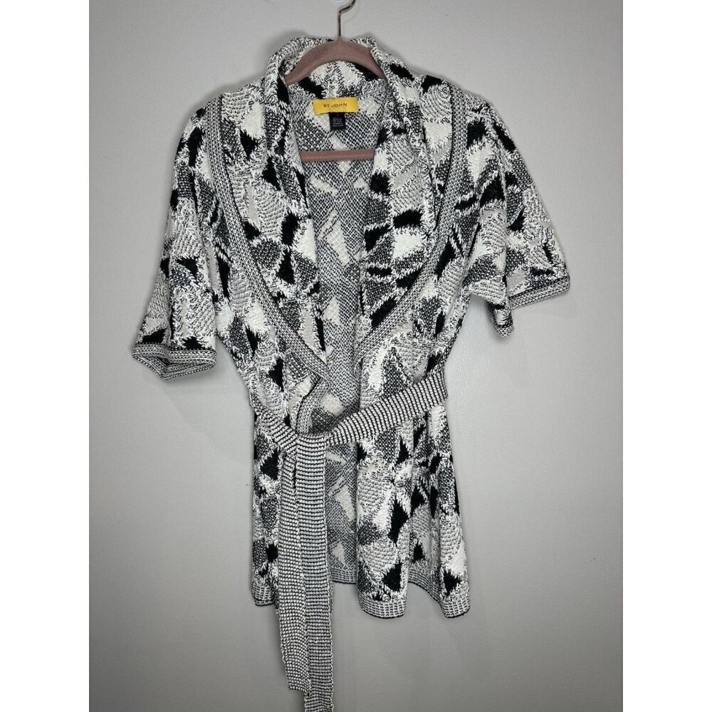 St. John Chunky Open Draped Knit Cardigan Sweater Size Small Black White Belted